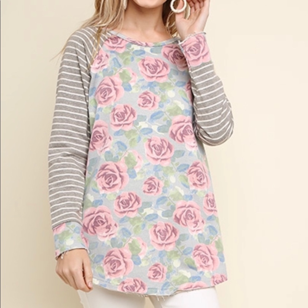 Rose and striped sleeve top